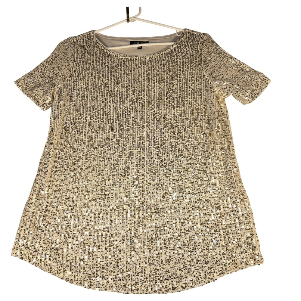 Studio Y Womens Gold Sequin Short Sleeve Blouse Crew Neck Party Top XS